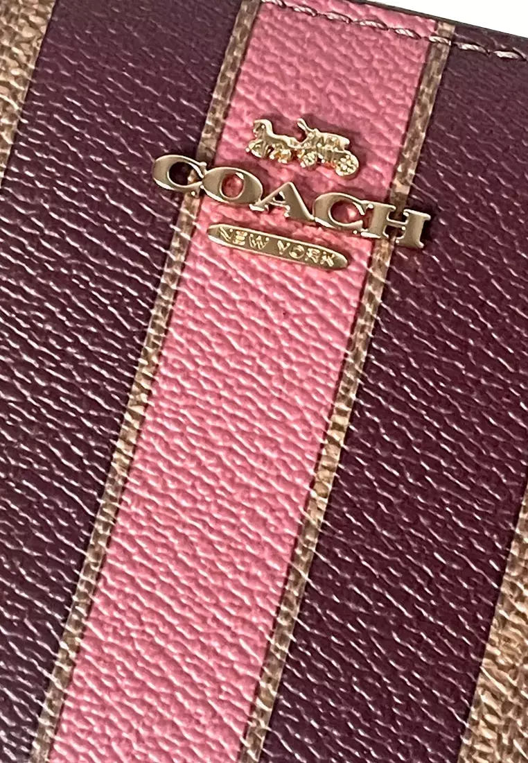 Medium Id Zip Wallet In Signature Canvas With Varsity Stripe - Tan Multi CBO79