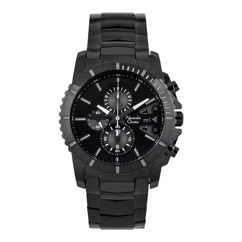 Jam Tangan Pria Alexandre Christie Chronograph AC 6455 MC BIPBA Men Black Dial Black Stainless Steel Strap