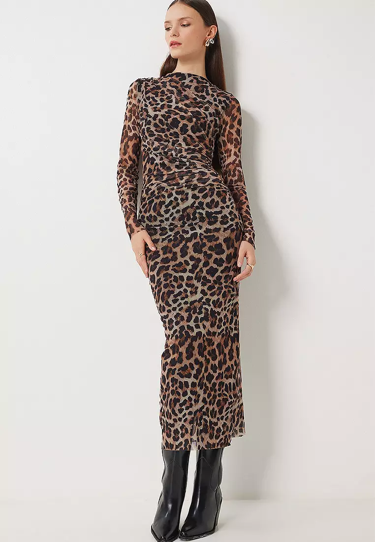 Leopard Patterned Pleated Wrap Tulle Dress