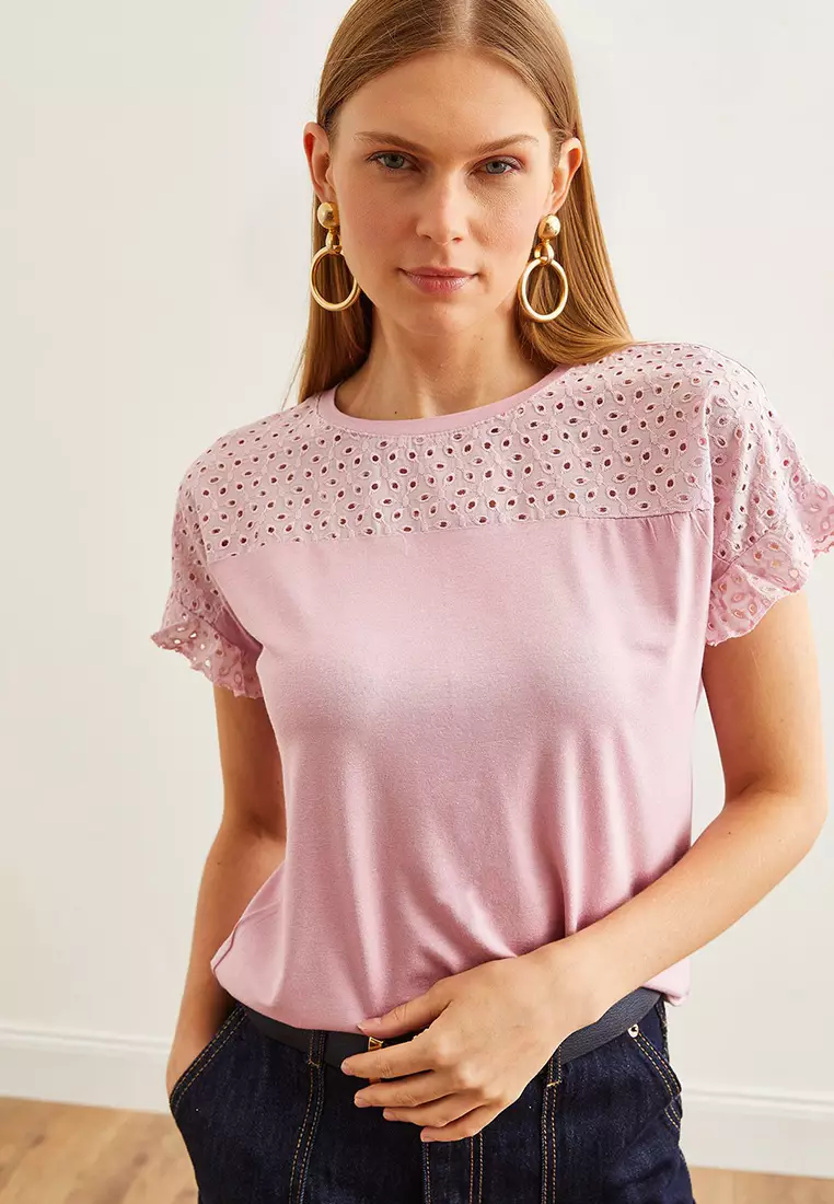 Women's Dried Rose Top Scallop Sleeve Flounce T-Shirt BLZ-19000979