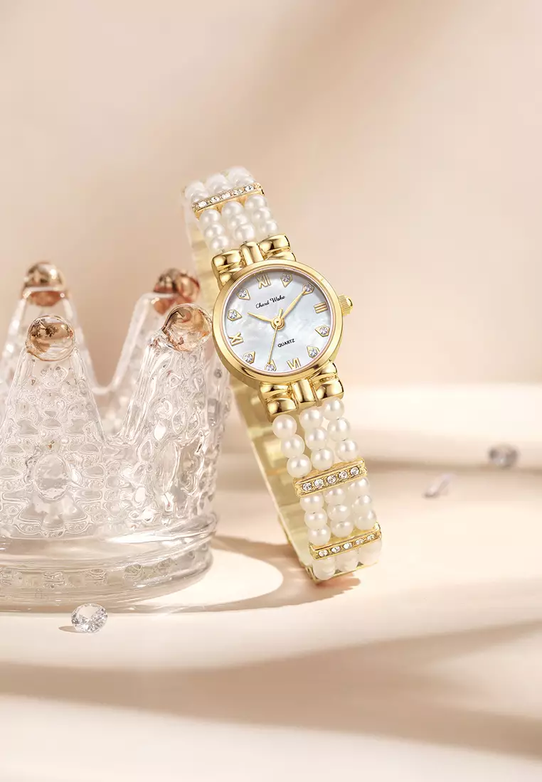 Jam Tangan Wanita Gelang Anti Air Original Fashion Korea Tali Mutiara Jam Tangan Cewek Goldwhite