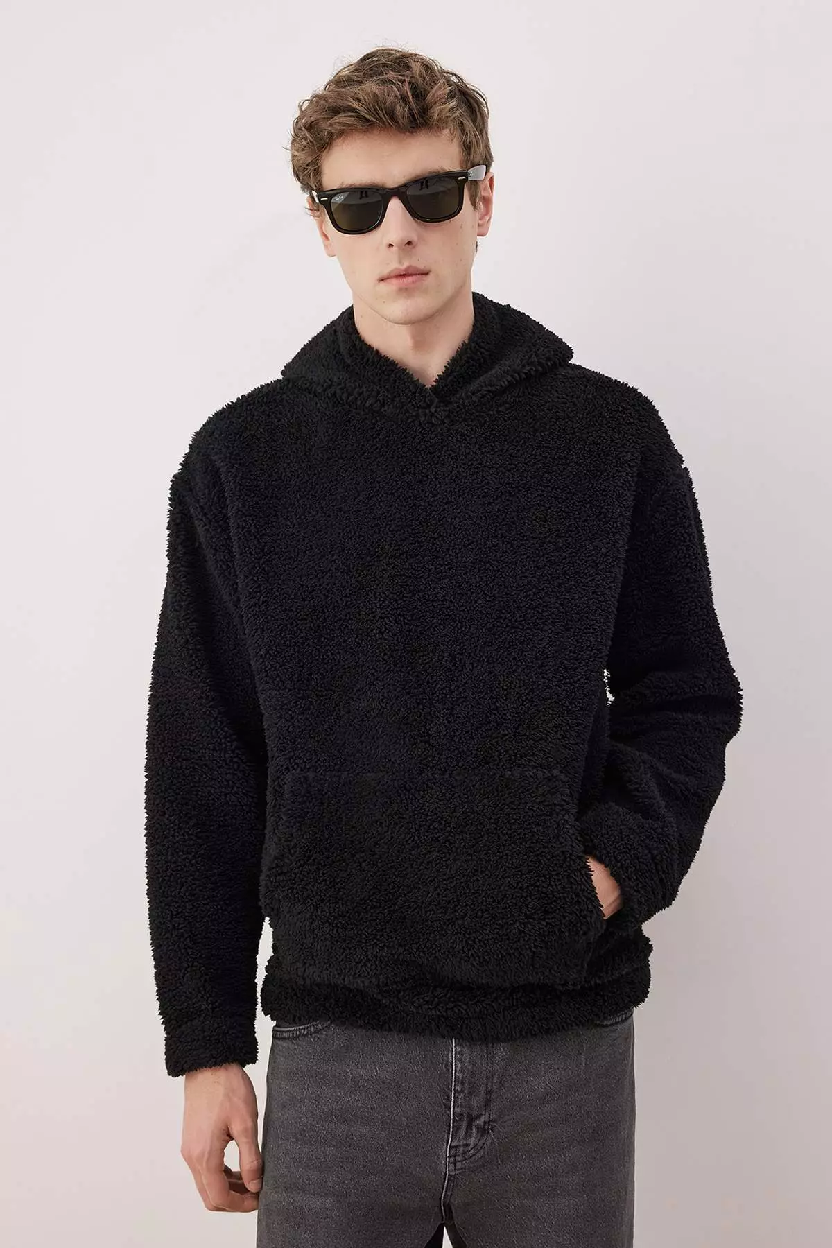 Black Unisex Oversize/Wide Cut Patterned Sherpa Fleece/Plush Hooded Sweatshirt TMNAW25SW00147