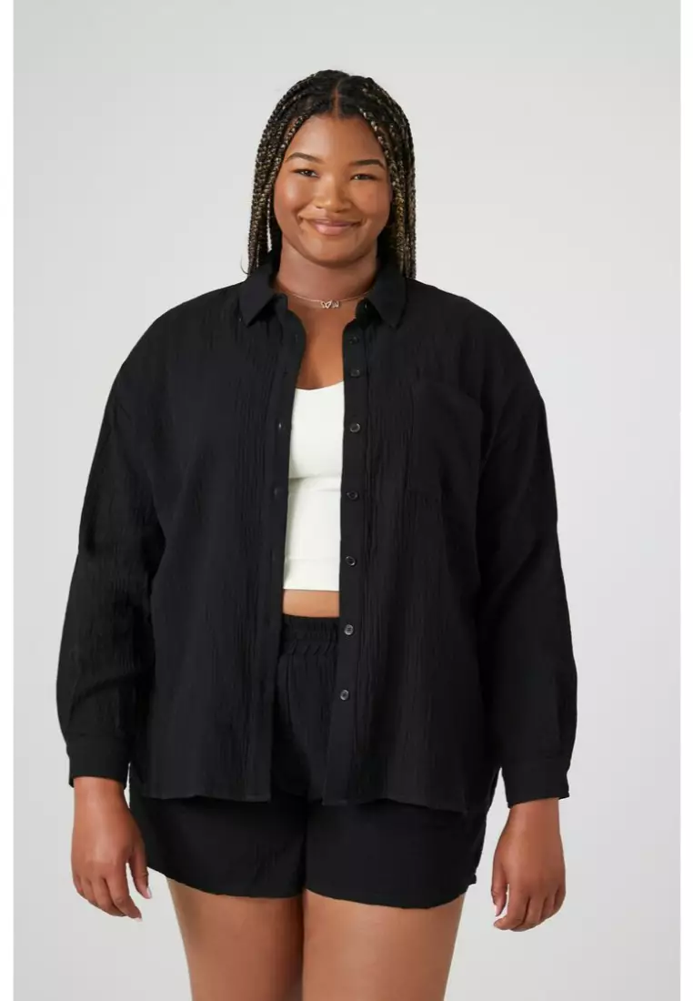Buy FOREVER 21 Plus Size Crinkled Shirt Shorts Set 2024 Online