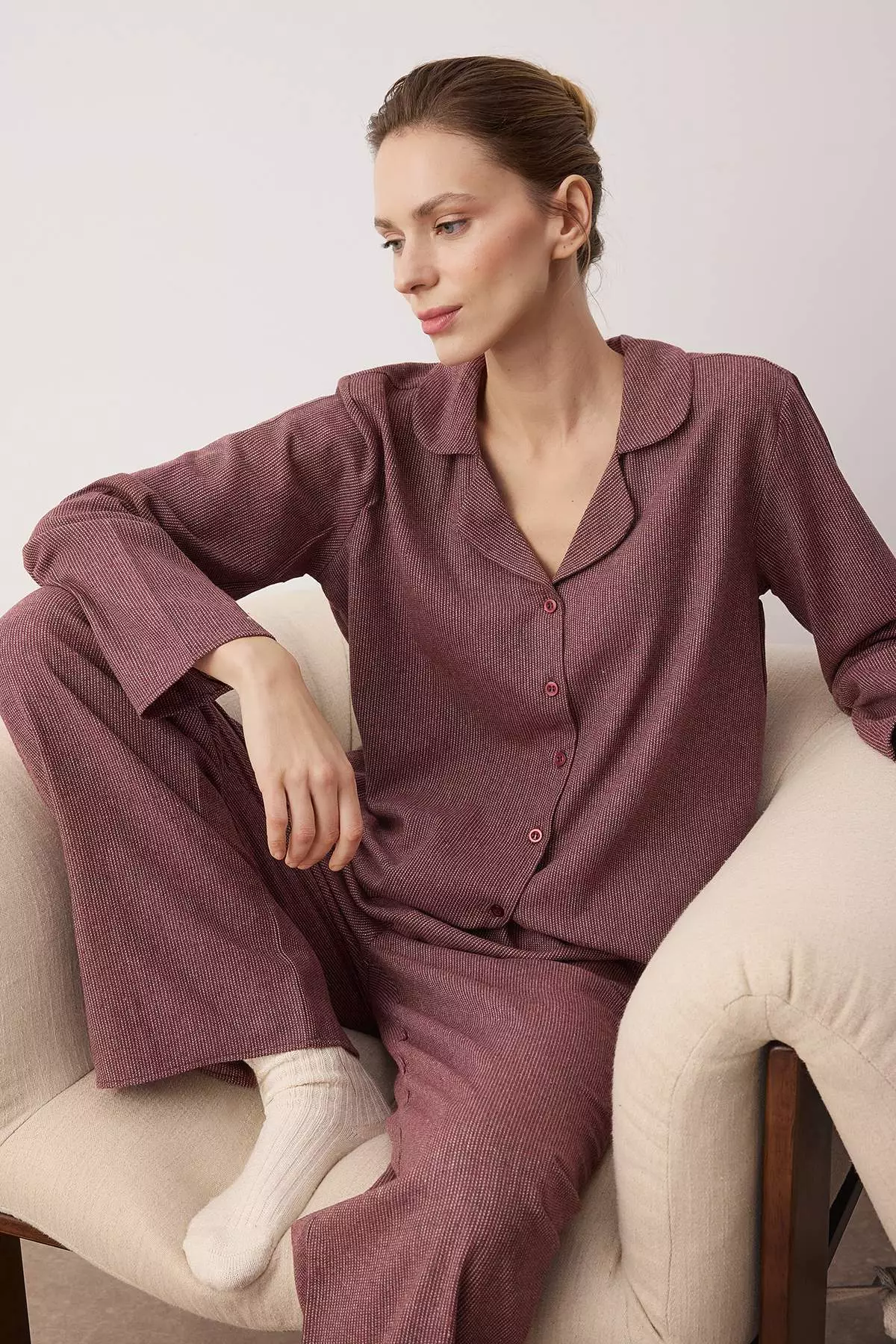 Burgundy Cotton Thick/Winter Striped Flannel Woven Pajama Set Thmaw26Pt196