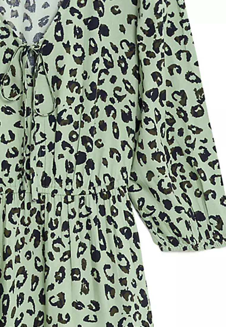 Printed Tie Neck Midi Tiered Dress