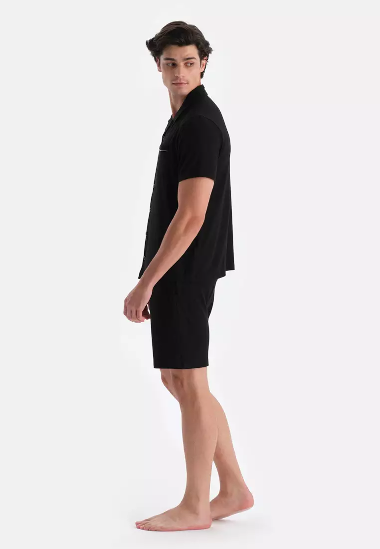 Black Shirt & Shorts, Shirt Collar, Regular Fit, Short Sleeve Sleepwear for Men