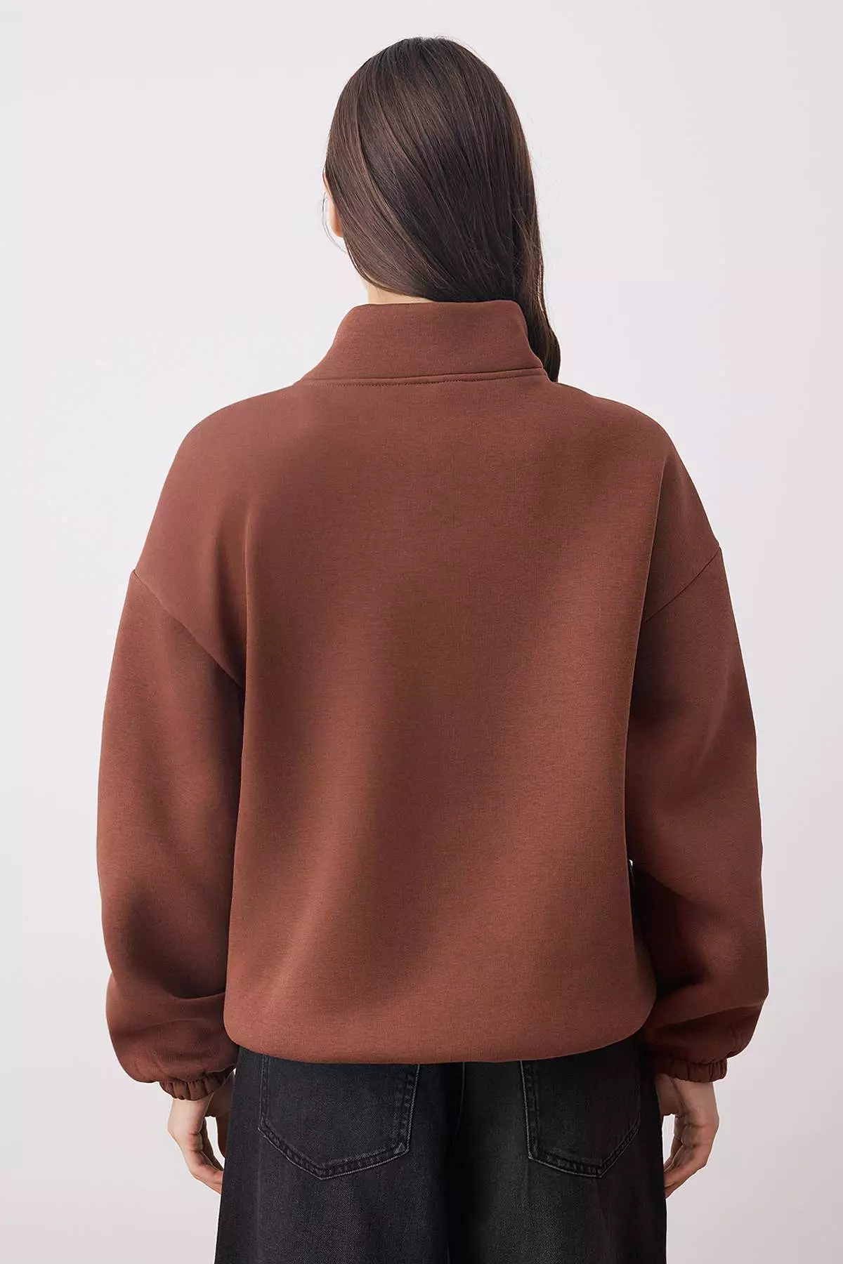 Brown Woven Garni Detailed Pocket Thick Polar Fleece Knitted Sweatshirt
