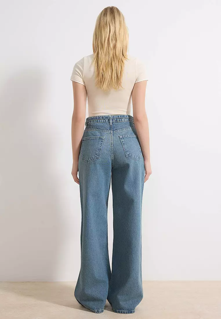 Blue Belted High Waist Wide Leg Wide Leg 1% Cotton Jeans Twoss26Je85