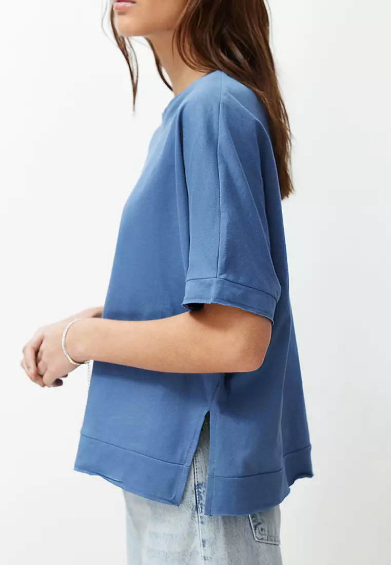Indigo 100% Cotton Slit And Slit Detailed Oversize/Relaxed Cut Knitted T-Shirt Twoss24Ts00027