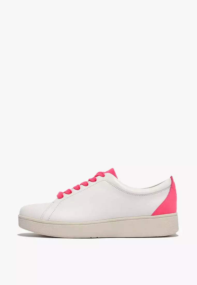 Discount on Fitflop  shoes - SKU: Rally Neon-Pop Leather Sneakers - Urban White/Pop Pink