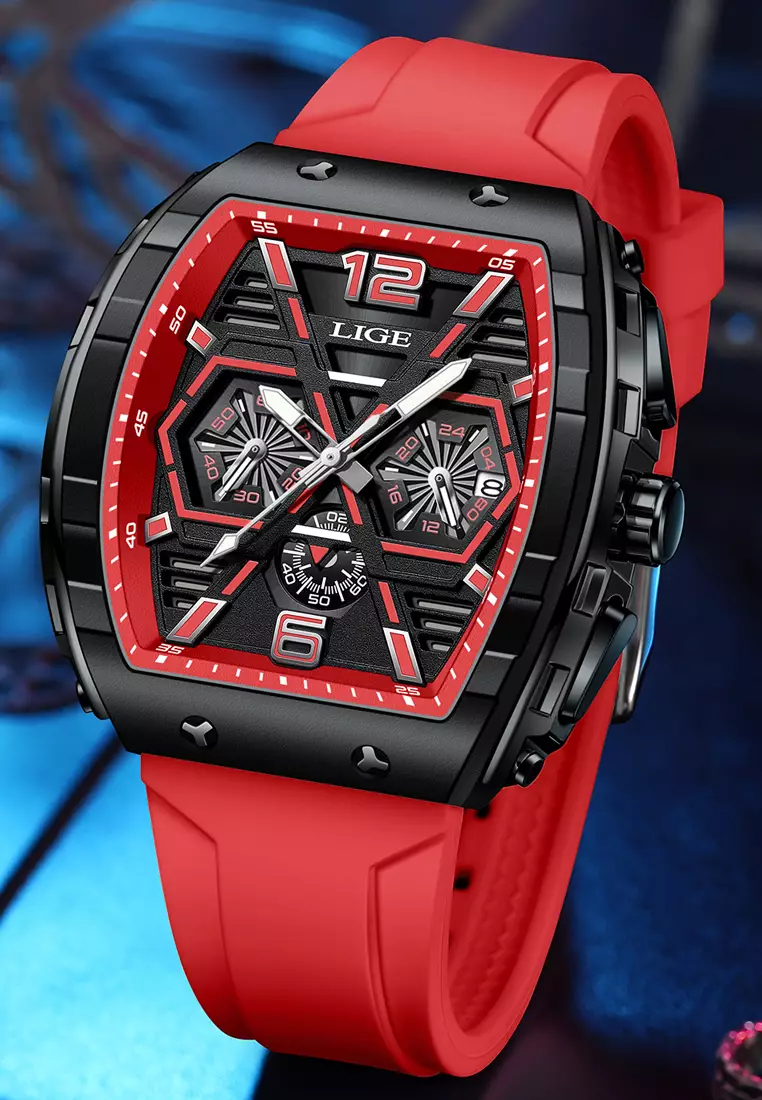 男女通用酒桶形 IP 橡膠錶帶黑色石英手錶