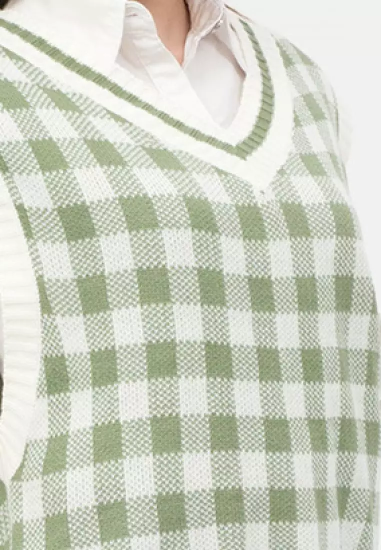Big Checker Knit Vest in Sage Green