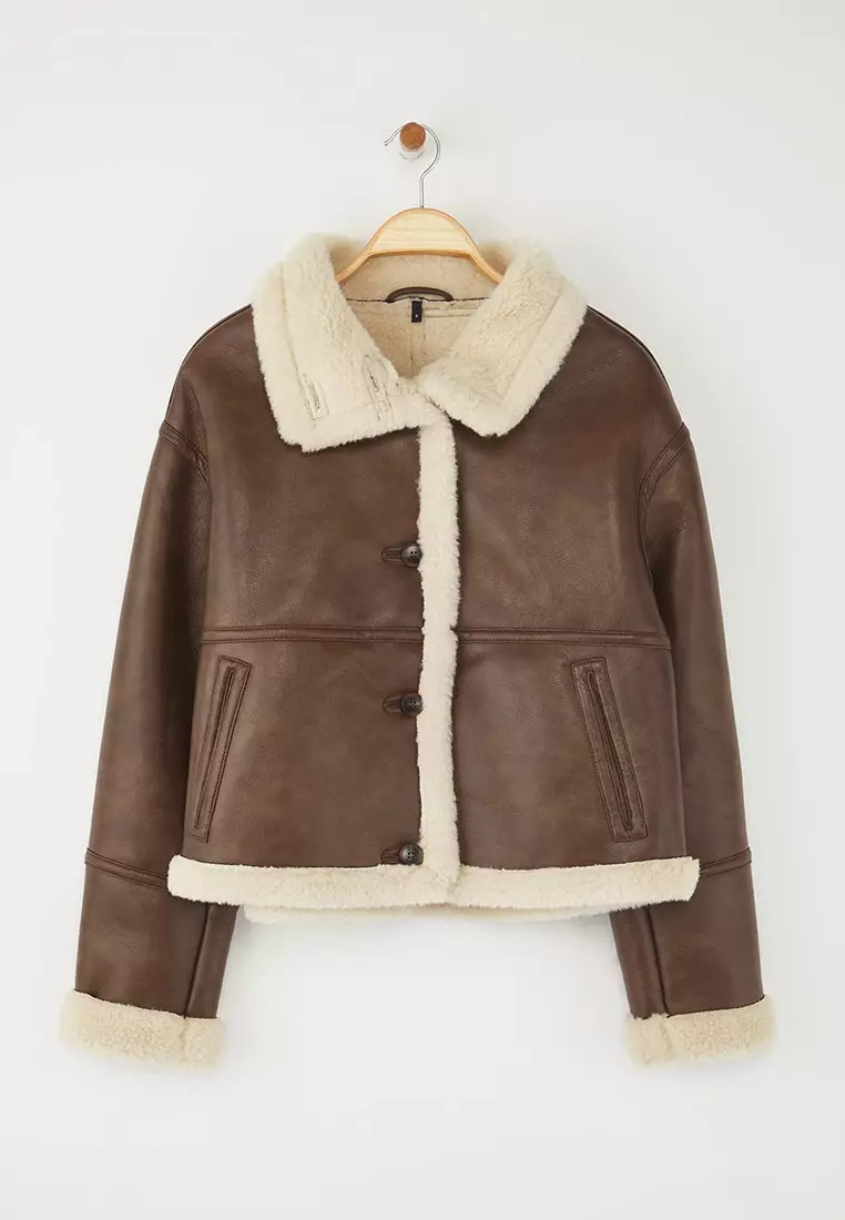 Oversized Plush Collar Faux Leather Jacket