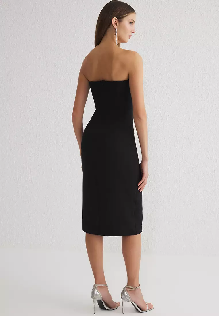Accessory Detail Strapless Woven Midi Dress