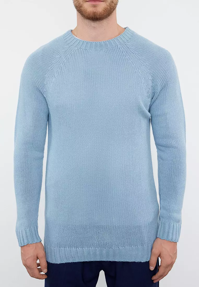 Blue Slim Fit Slim Cut Crew Neck Raglan Sleeve Basic Knitwear Sweater TMNAW25KZ00000