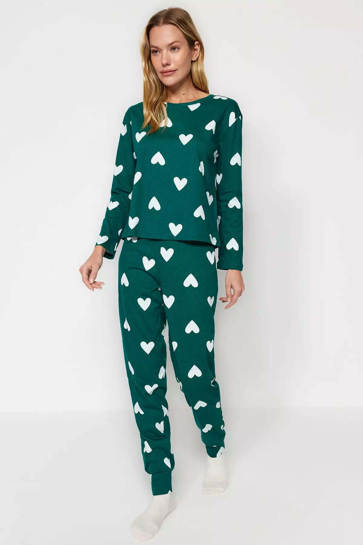 Emerald Green 100% Cotton Heart Knitted Pajama Set THMAW21PT0566