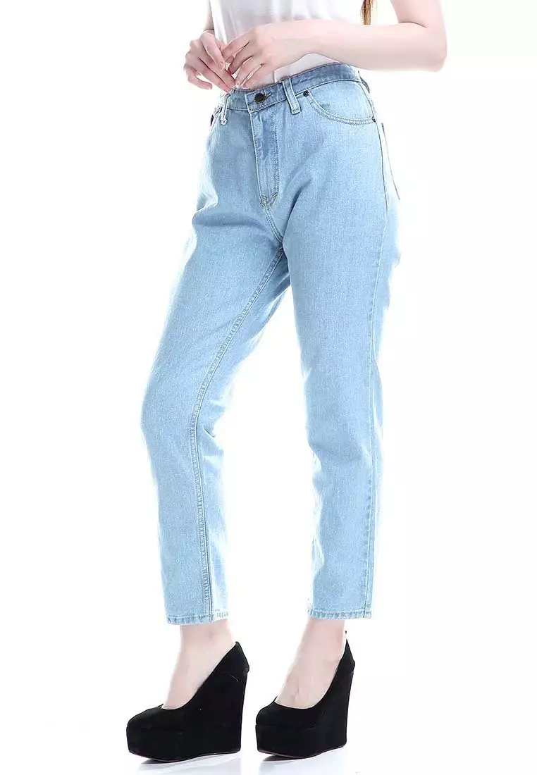 Marilyn Jeans Wanita High Waist Boyfriend Woman Design Simple - Biru Muda