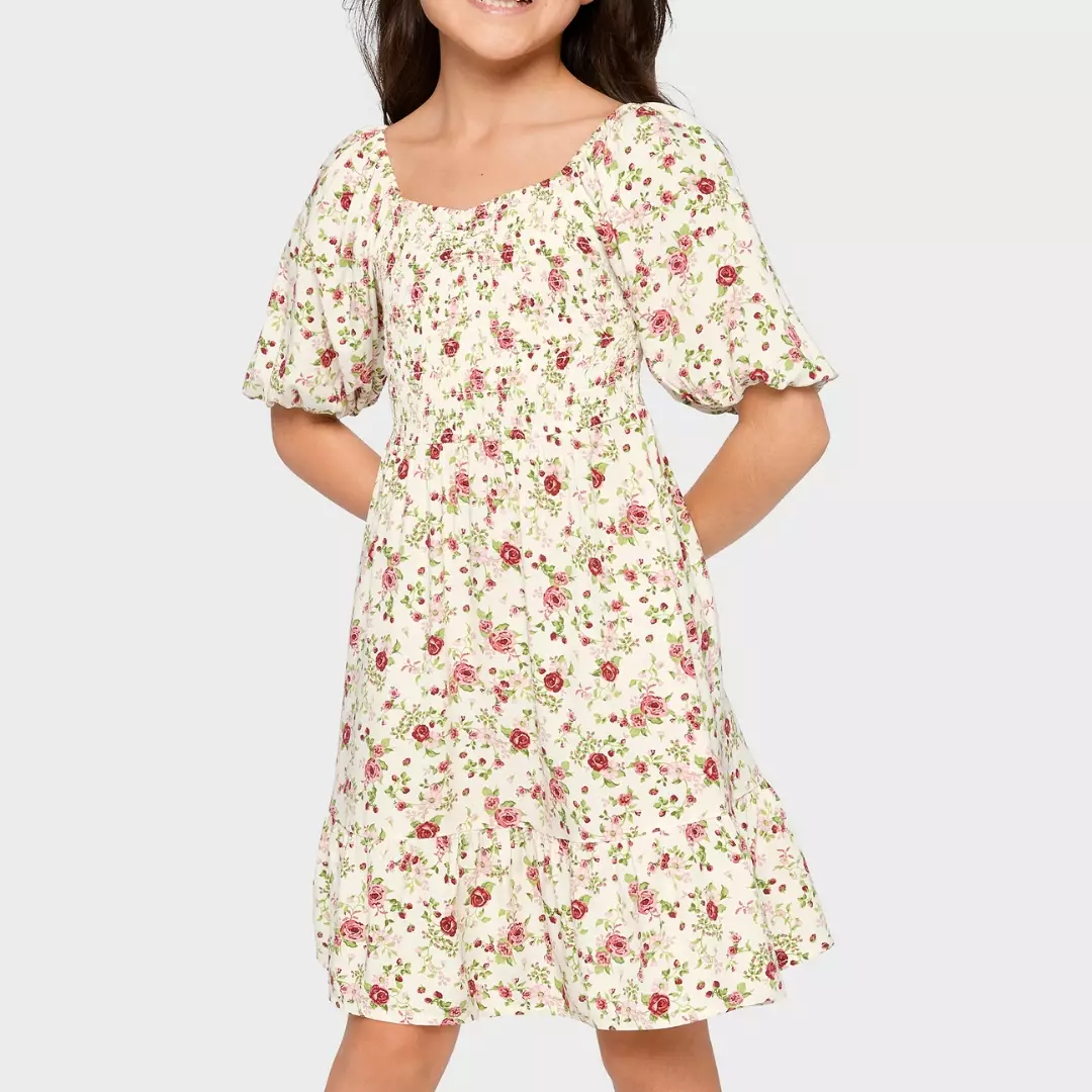 Girls Floral Smocked Ruffle Dress - Baju Anak Perempuan (Putih)
