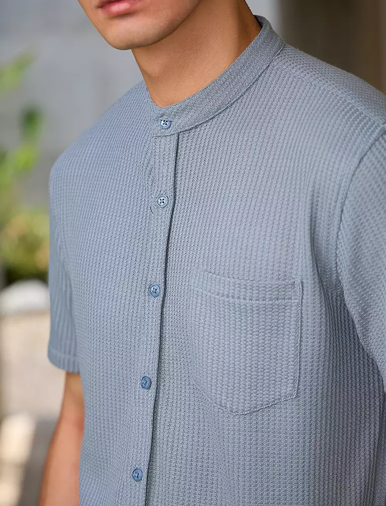 OXCON kemeja Tangan Pendek Waffle Kerah Collarless Blue Grey