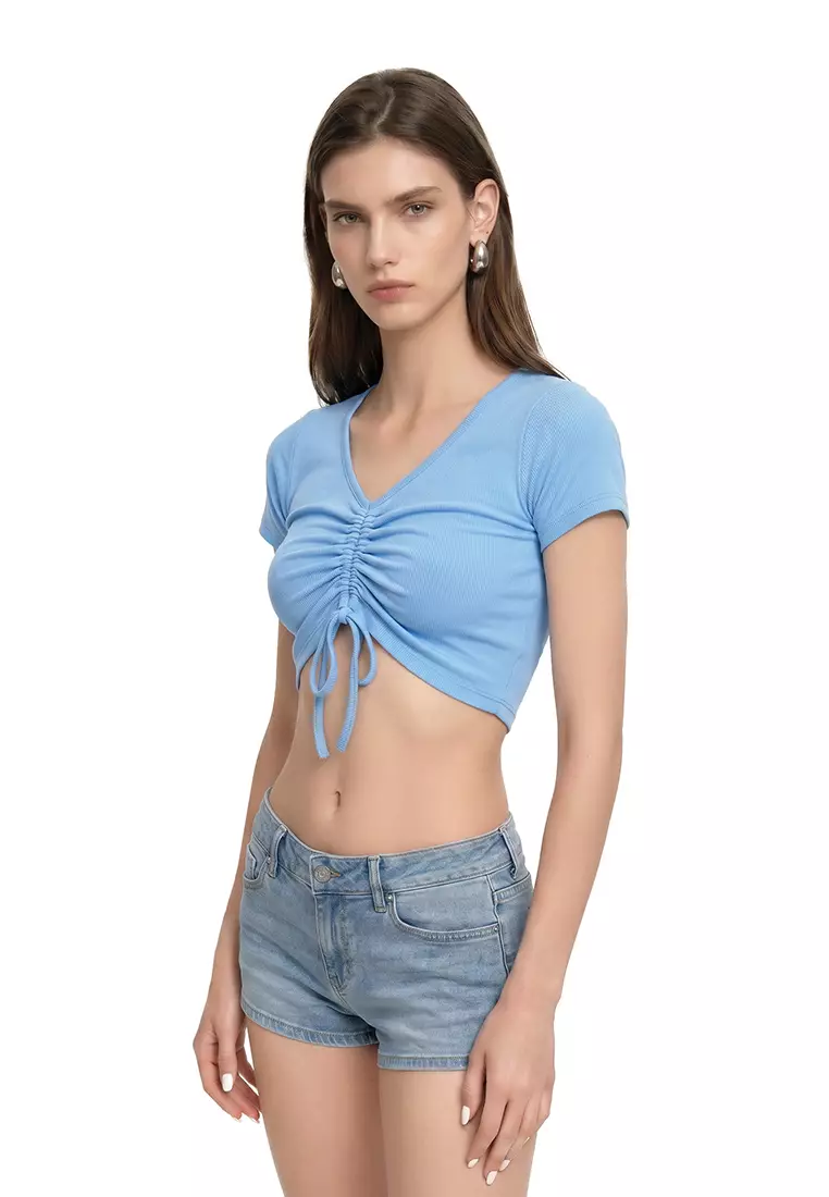 Blue Drawstring Detail Crop Top