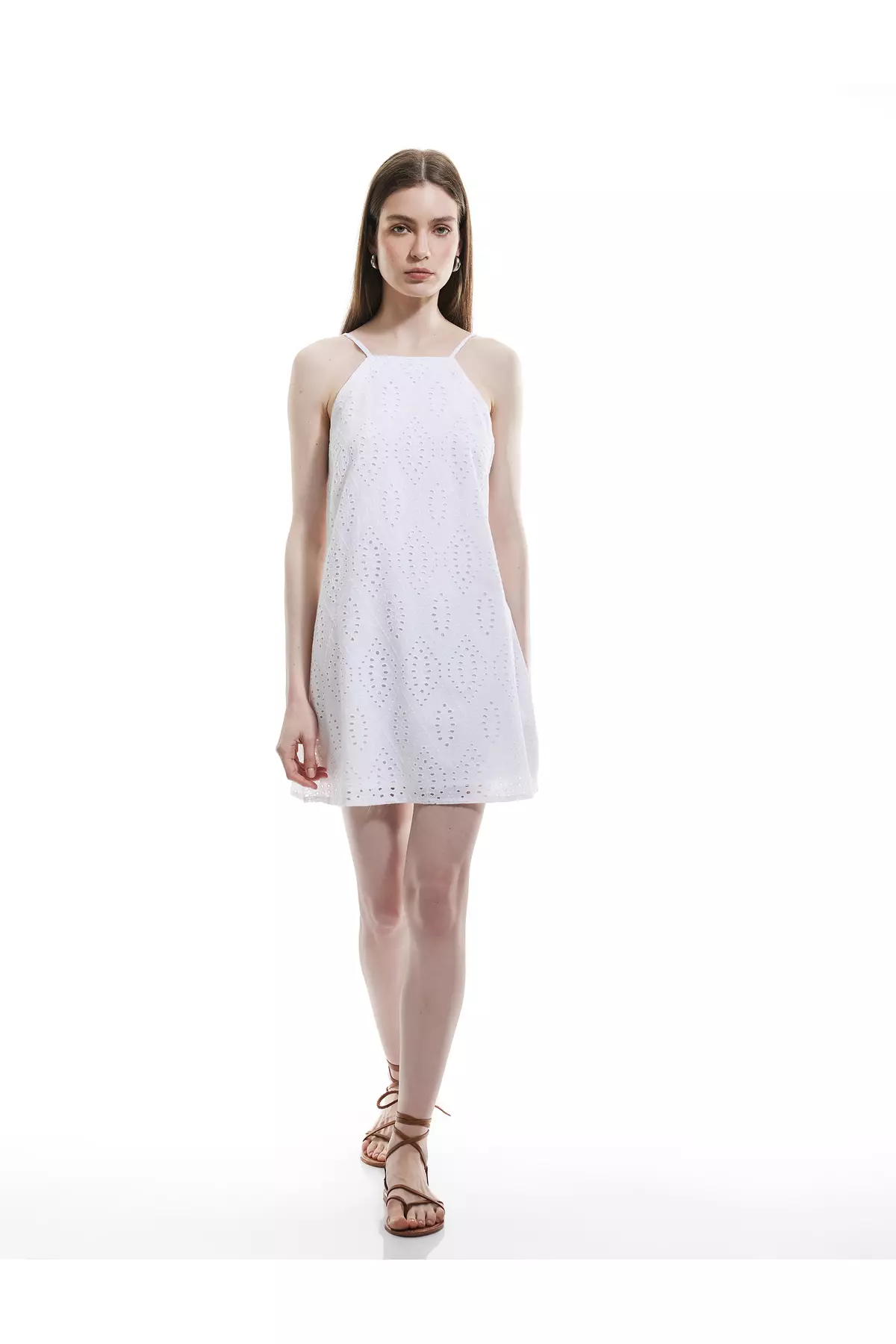 Cotton A-Line Mini Halter Neck Thin Strap Cutout Dress