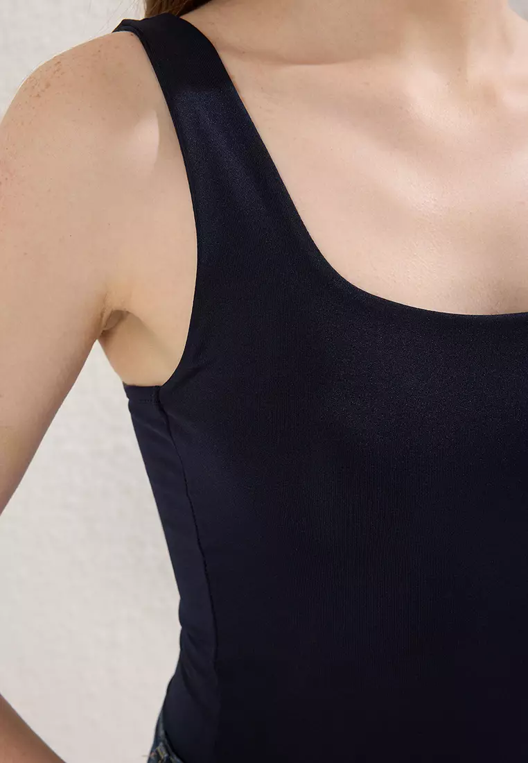 Navy Blue Fitted/Fits on the Body with Back Detail Square Neck Snap Elastic Knitted Bodysuit TWOSS24BD00026