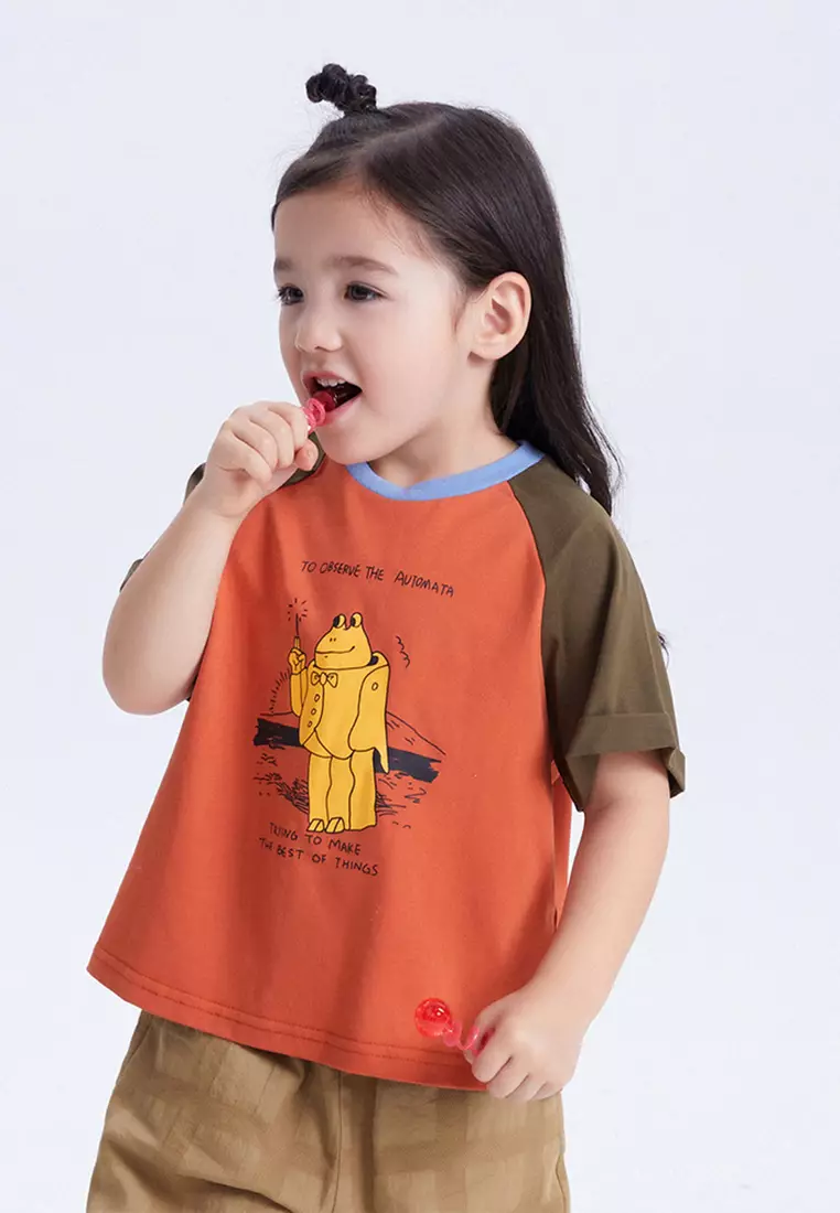 男小童短袖T恤撞色插肩袖趣味印花T恤