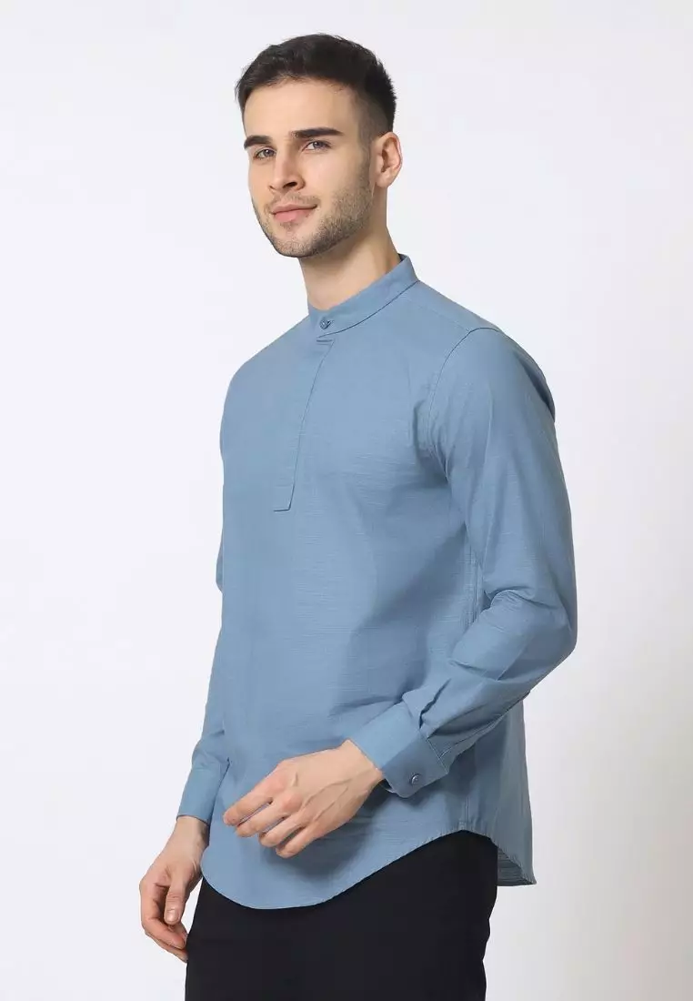 Cotton Well Oman Henley Shirt Blue │Kemeja Koko Basic Lengan Panjang Biru