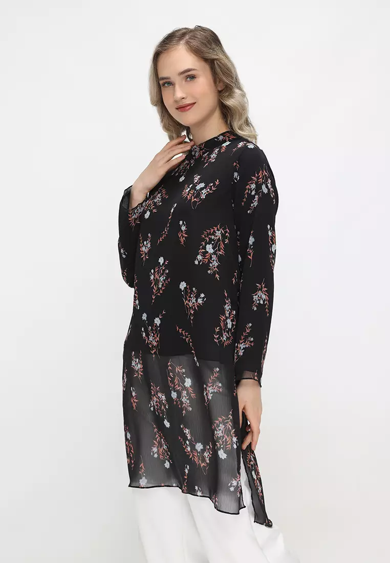 Tunik Floral Motif Long Sleeve Black By Brilliant Girl Warna HITAM