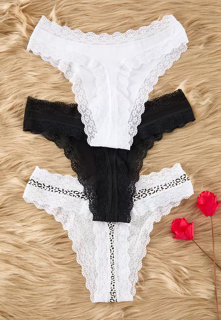 Black-White-Leopard 3-Pack Cotton Lace Thong Knitted Panties