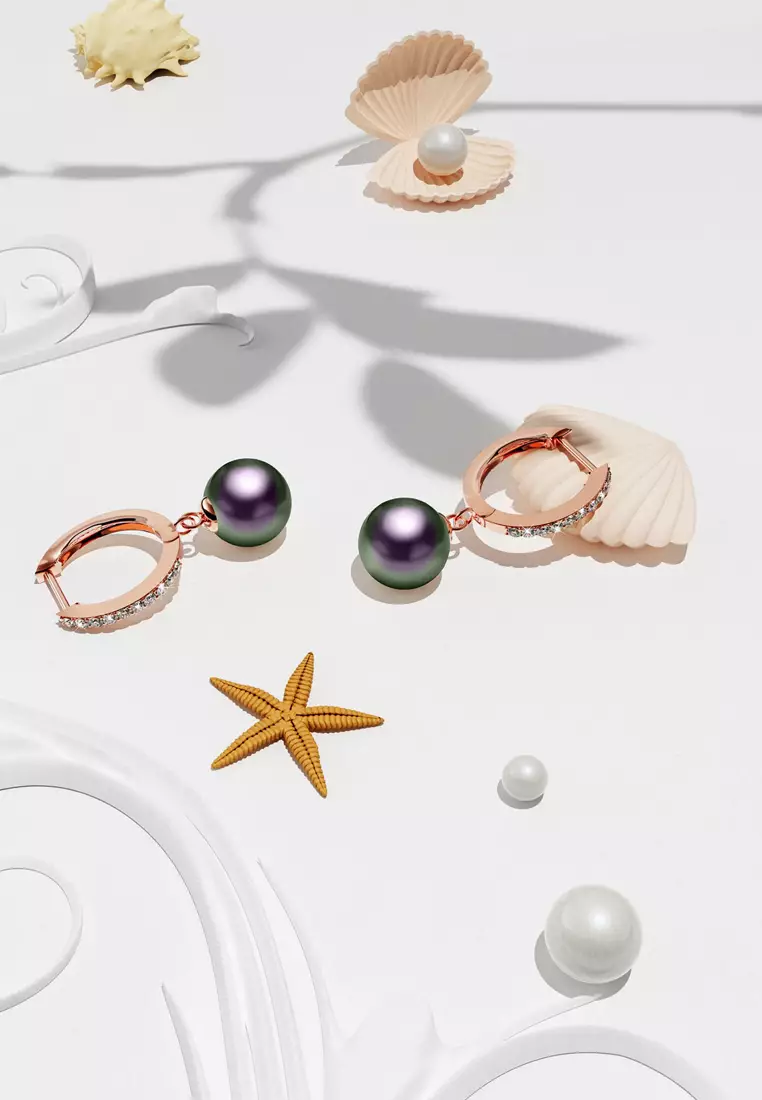 Flawless Pearl Drop Hoop Earrings Embellished with SWAROVSKI Crystal Iridescent Purple Pearls