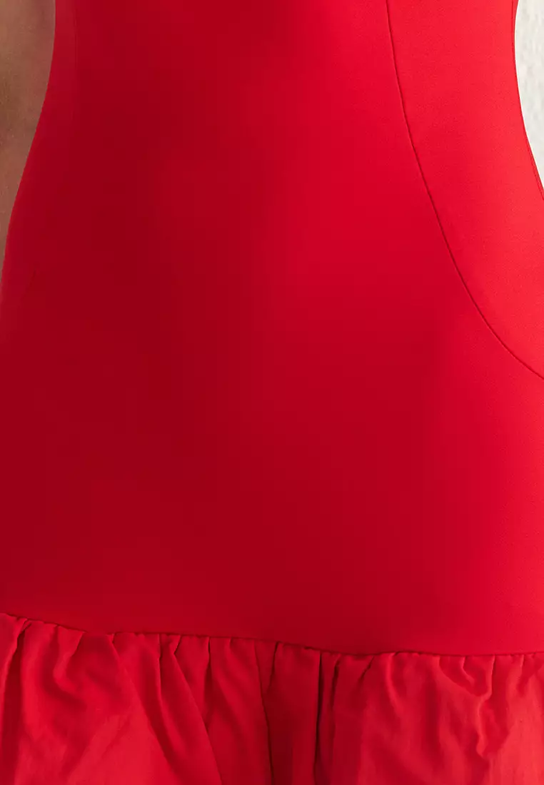 Red Balloon Skirt Detailed Woven Short Dress With Shorts Lining