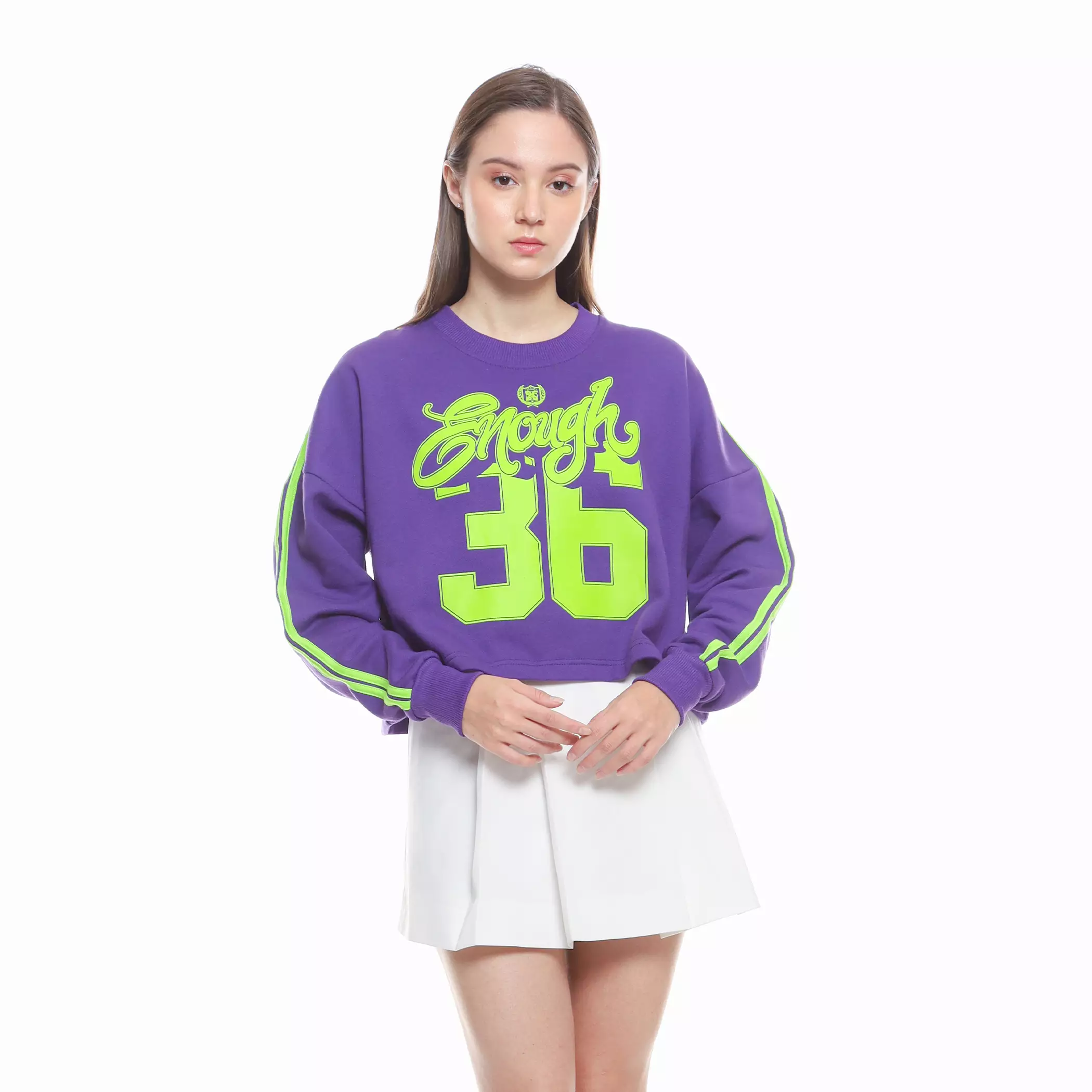 Enough For Today - Sweater Crewneck Crop Oversize Wanita Jersey Nomer Variasi Garis Tangan Purple 36  Ungu