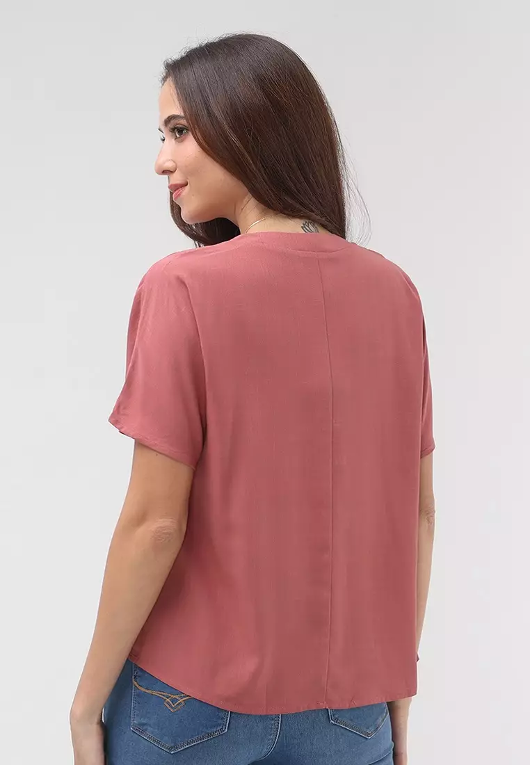 Woven Plain Soft Linen Short Sleeve Blouse