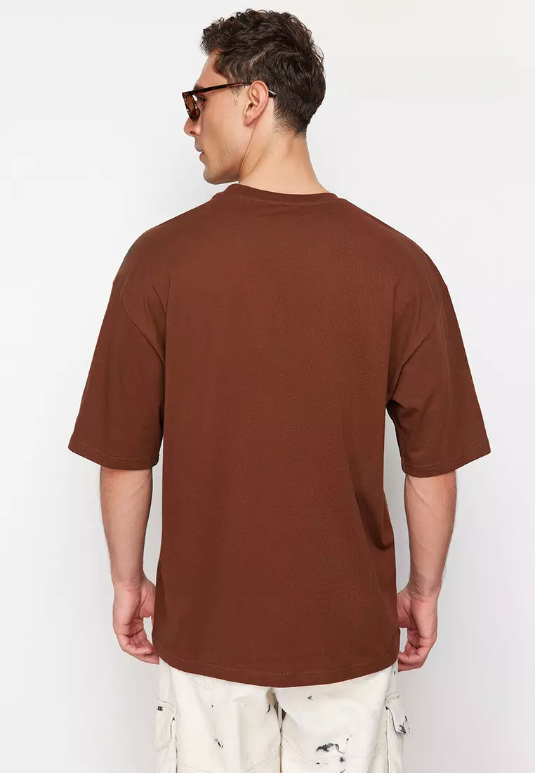 Brown Oversize/Wide Cutting Dinosaur Embroidered 100% Cotton T-Shirt TMNSS23TS00243 TMNSS23TS00243