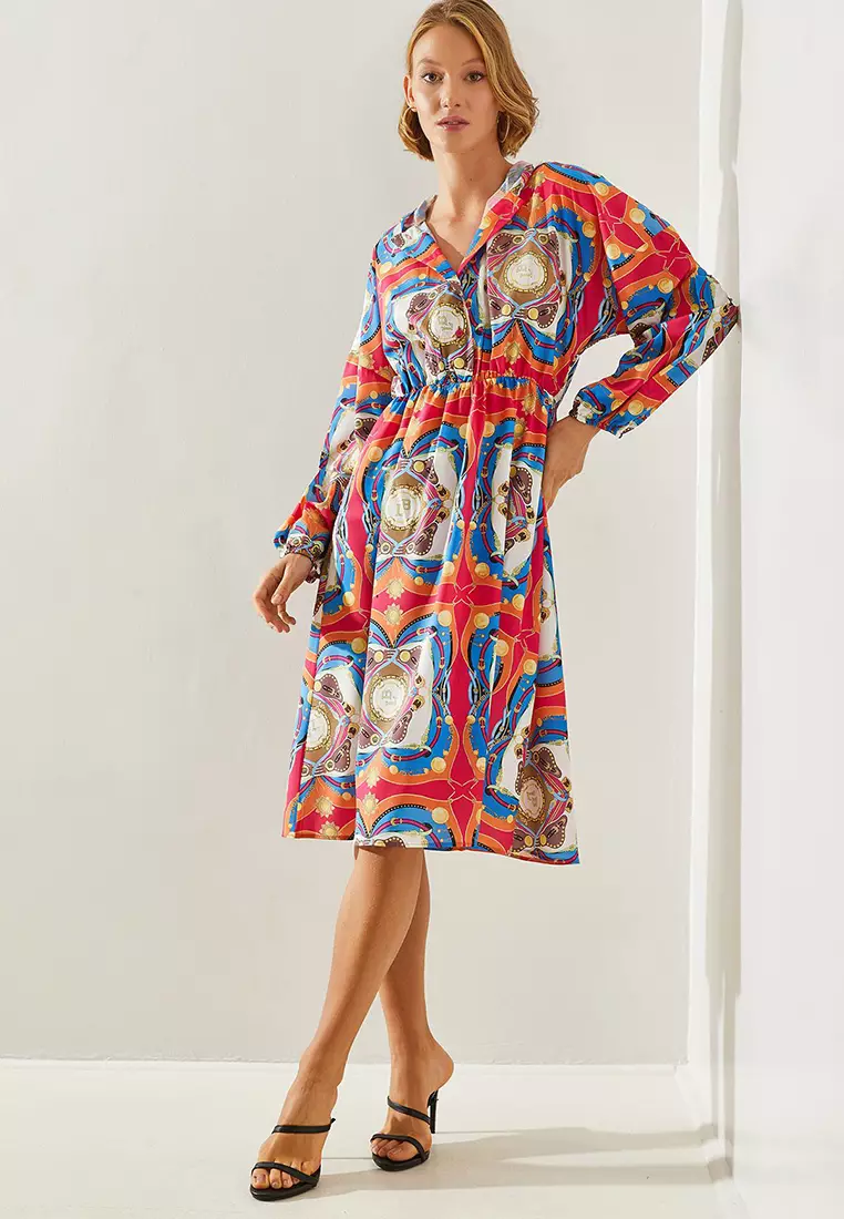 Women's Elastic Waist Chain Patterned Hooded Dress 21805 60251727