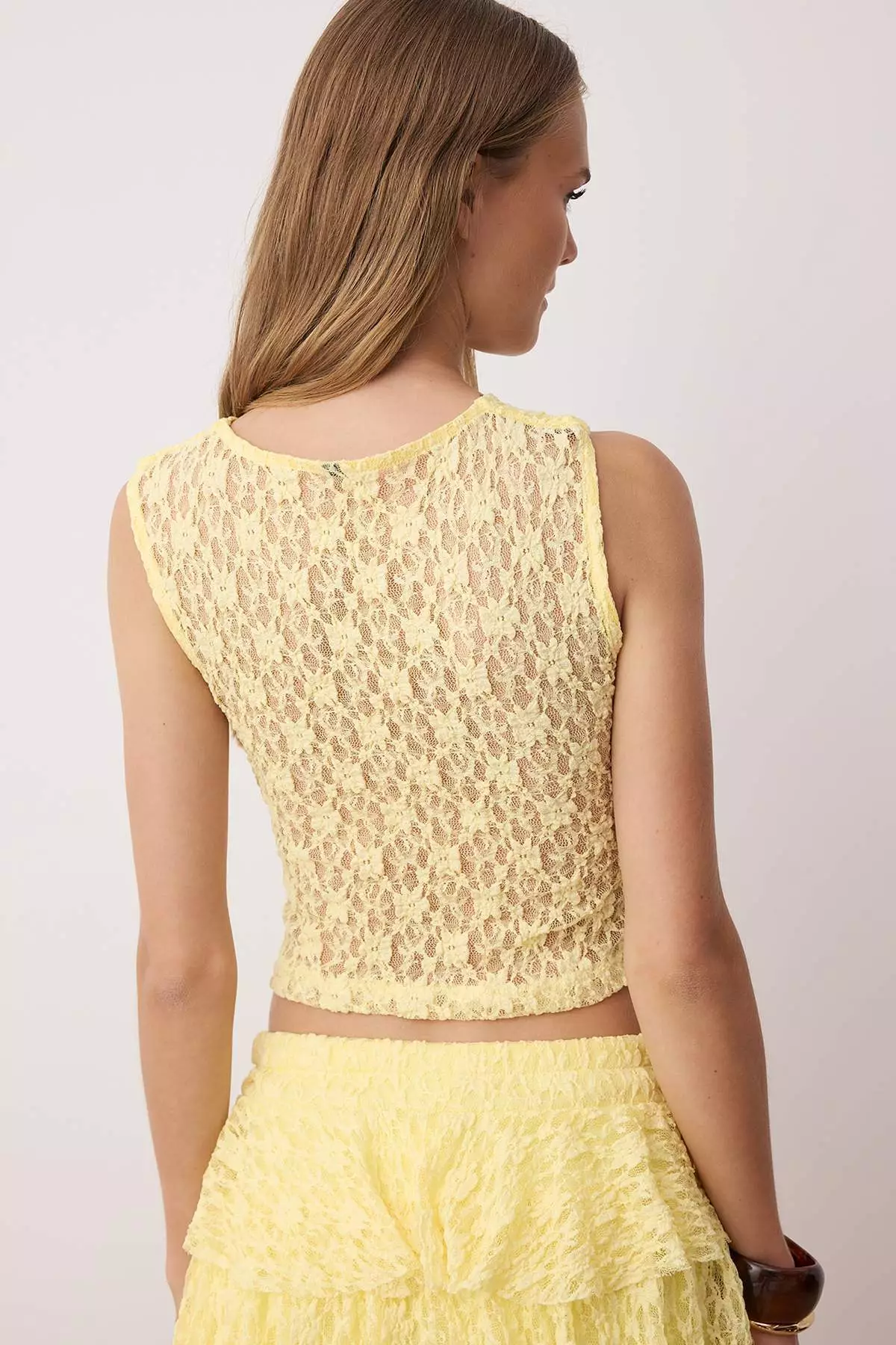 Yellow Fitted Bodycon Lace Knitted Blouse