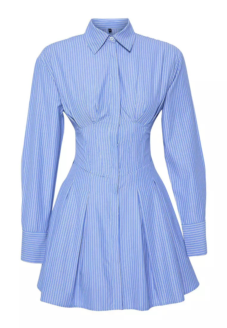 White-Blue Corset Detailed Poplin Woven Wedding/Marriage Elegant Evening Dress Graduation Dress TPRAW25EL00108