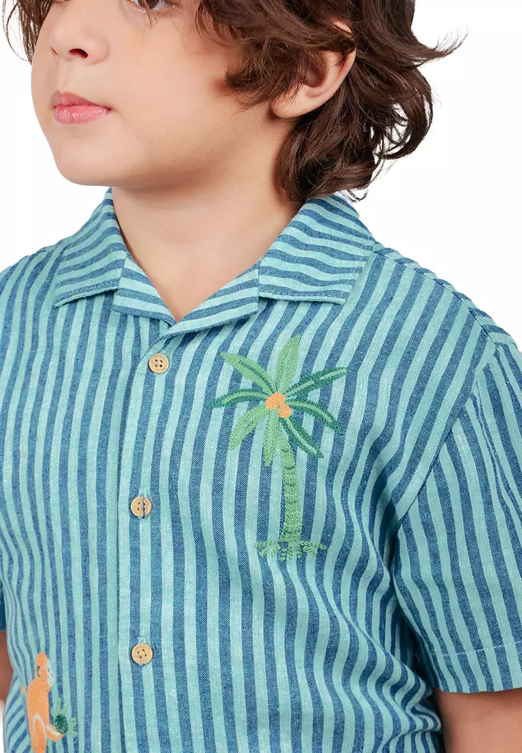 Boys Stripe Cubano Shirt With Embroidery