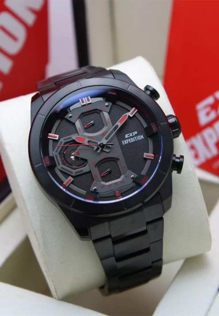 Expedition EXP - Male Analog Watches - Jam Tangan Chronograph Pria - Black Red - Stainless Steel Bracelet - 6828 MFBIPBARE