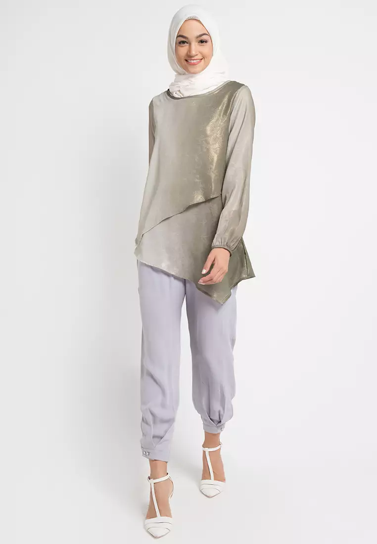 AZZAR Vani Assymetrical Blouse in Grey Green Glitter