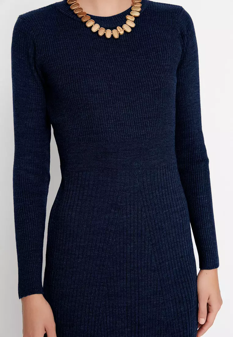 Navy Blue Midi Knitwear Crew Neck Dress