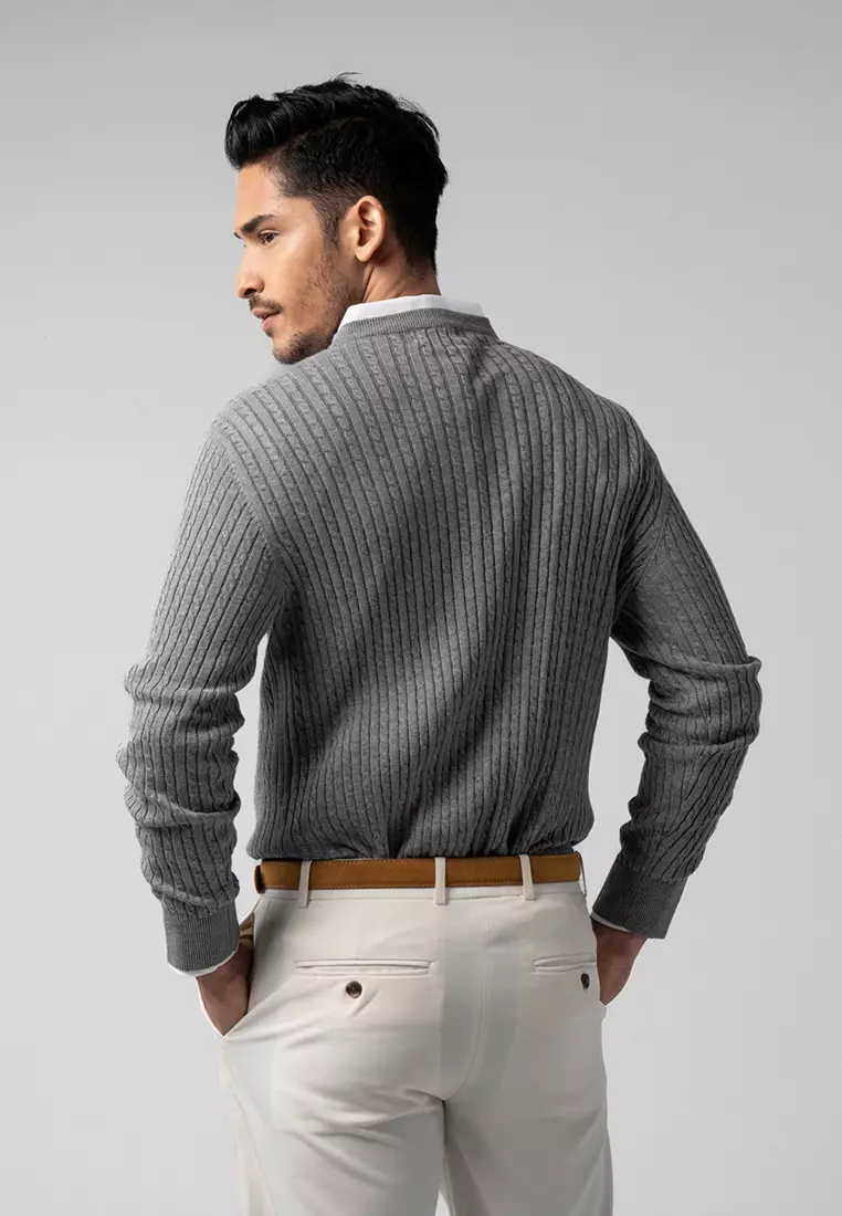 Mens Cable Knit Cotton Sweater Grey LS