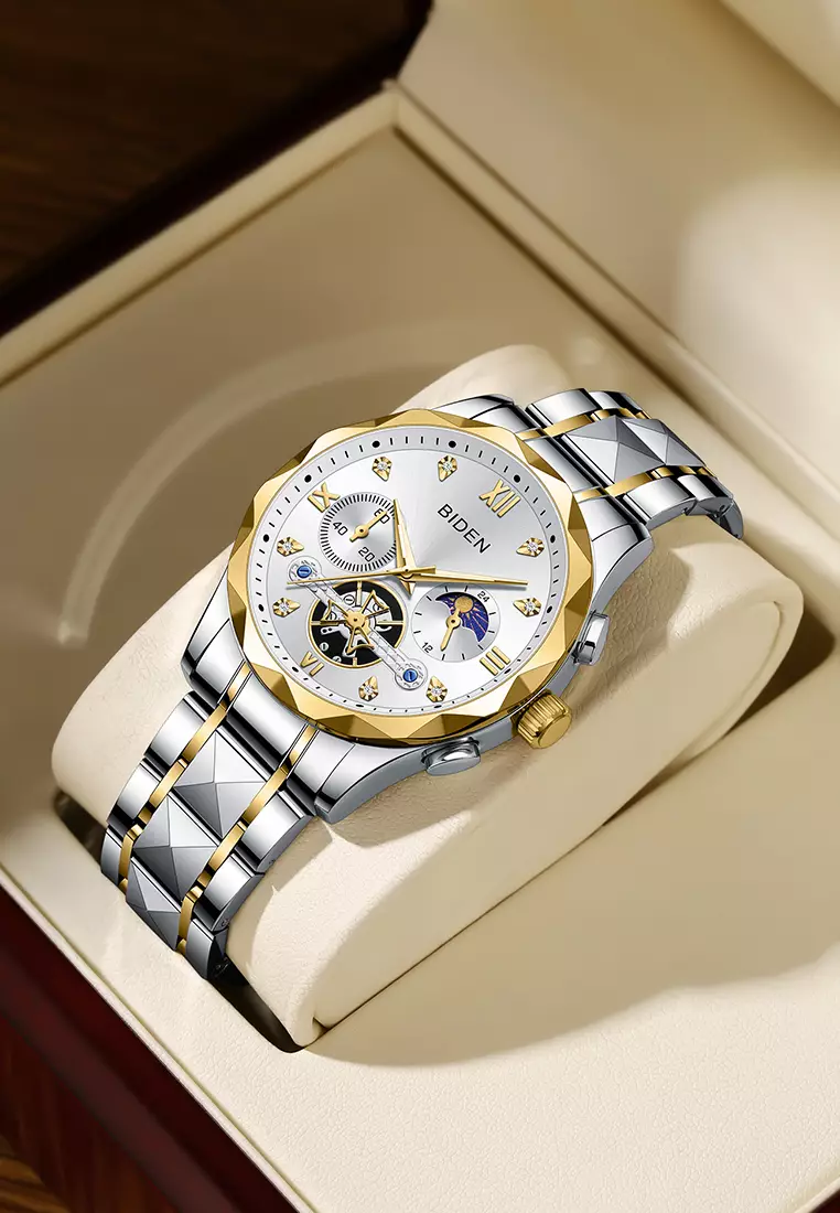 Jam Tangan Pria Multifungsi Mewah Tali Stainless Steel Anti Air Jam Tangan Cowok silvergold