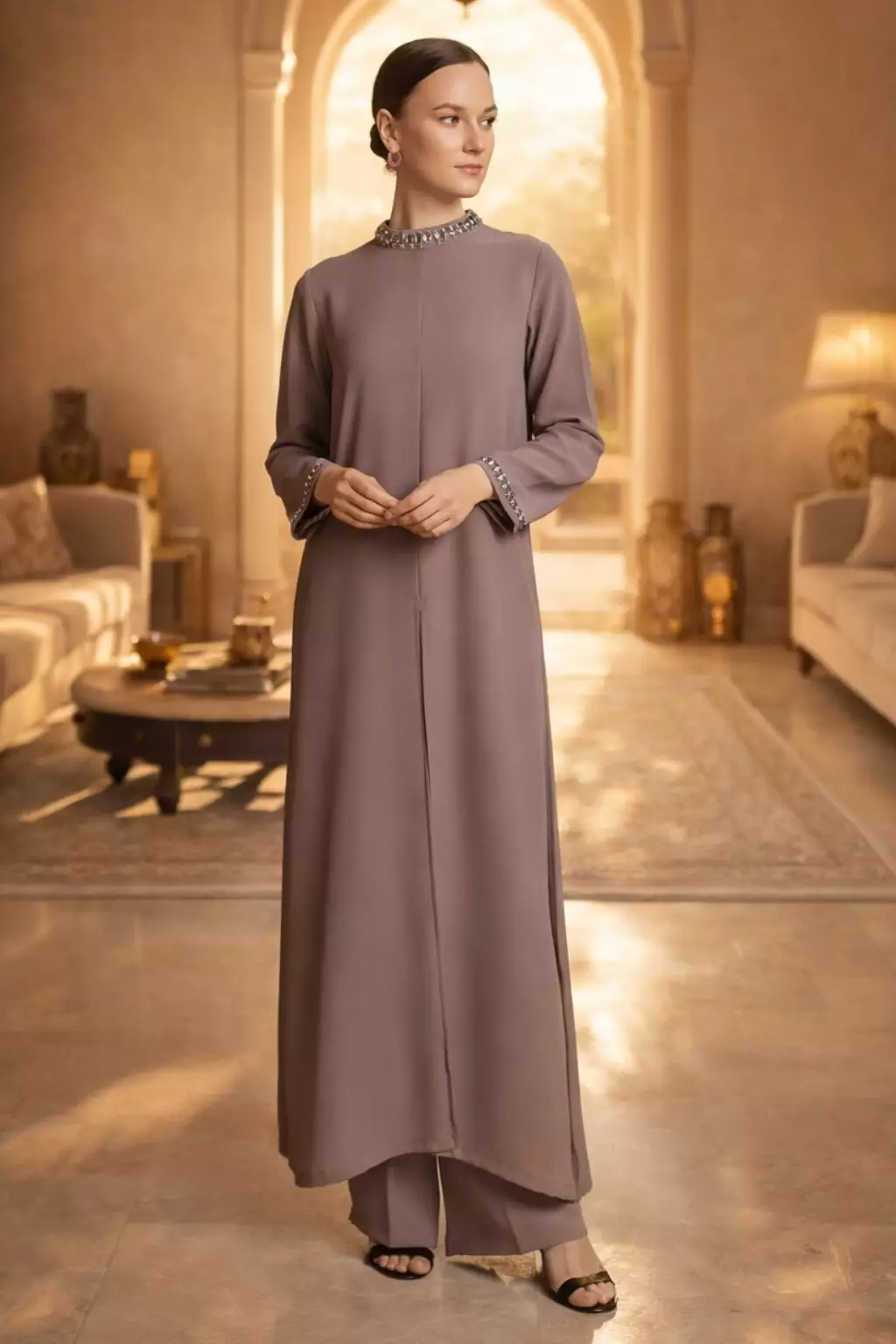 Demure Signature - Demure Dress Set in Frusan Silk Brown top and bottom- SET