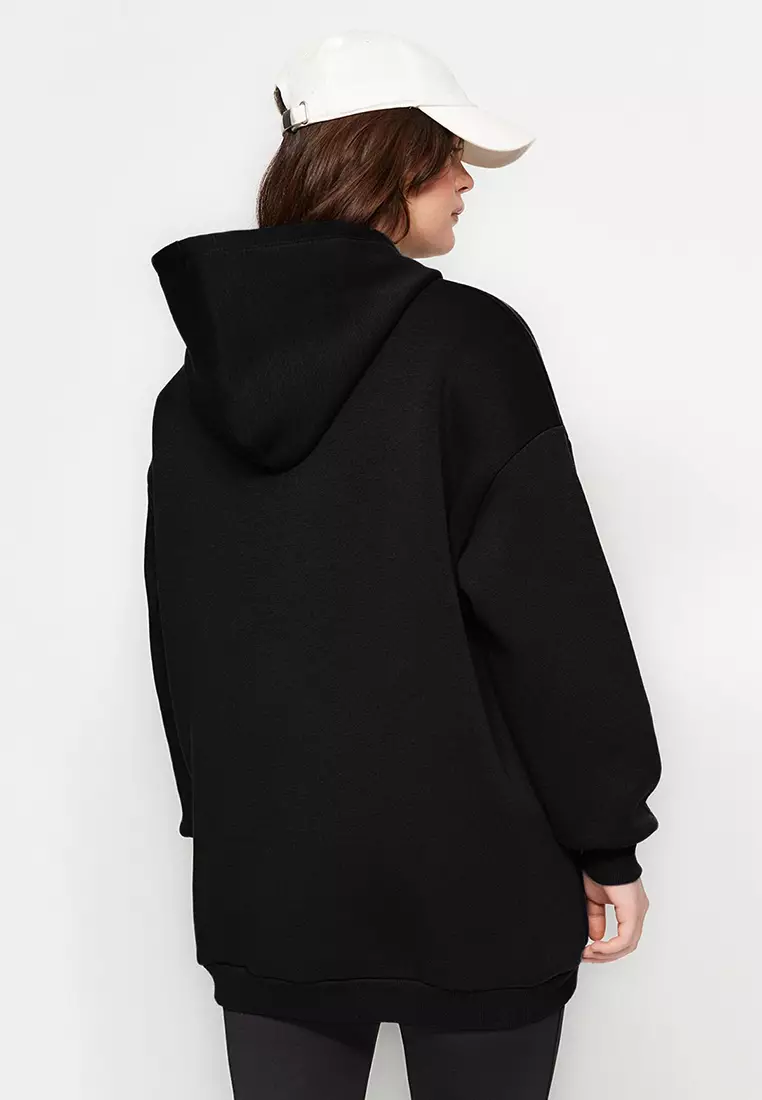 Black Hooded Slogan Detailed Fleece Thick Knitted Sweatshirt Tbbaw24Ao00018