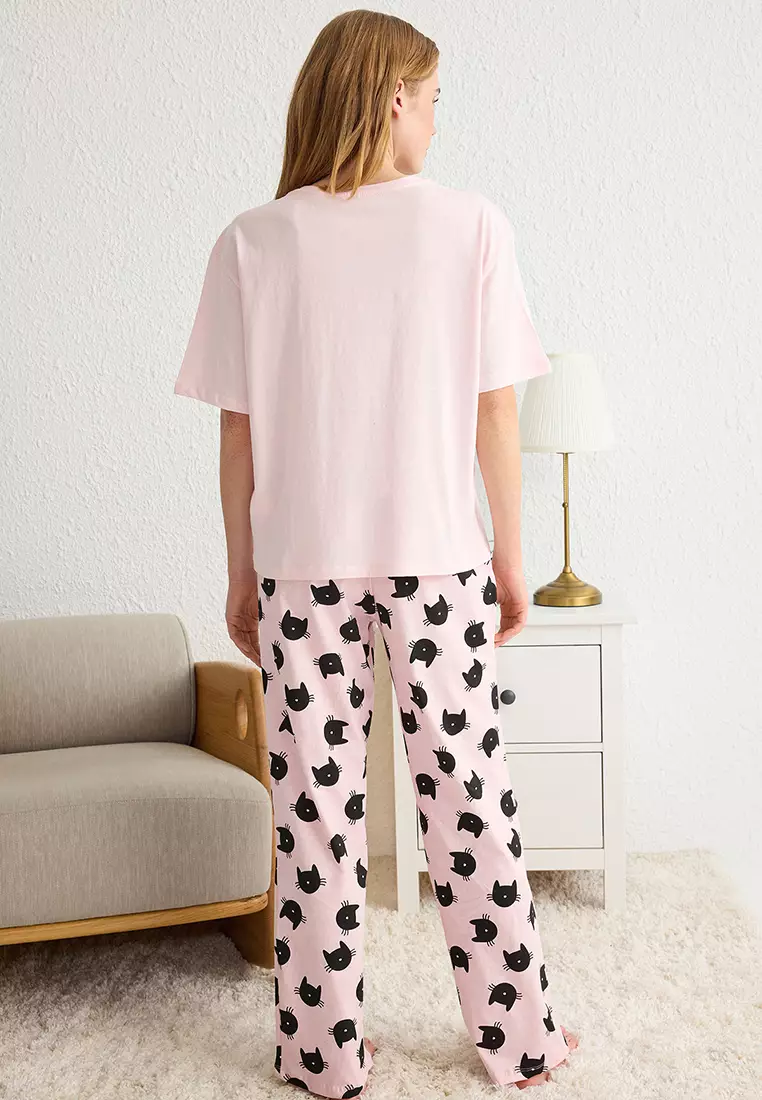 Pink Cat Patterned Knitted Pajama Set