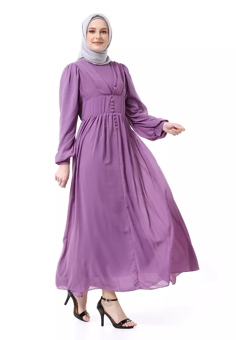 Khansa Long Dress Muslimah Atasan Wanita Long Sleeve Motif Polos High Quality - Ungu Sedang