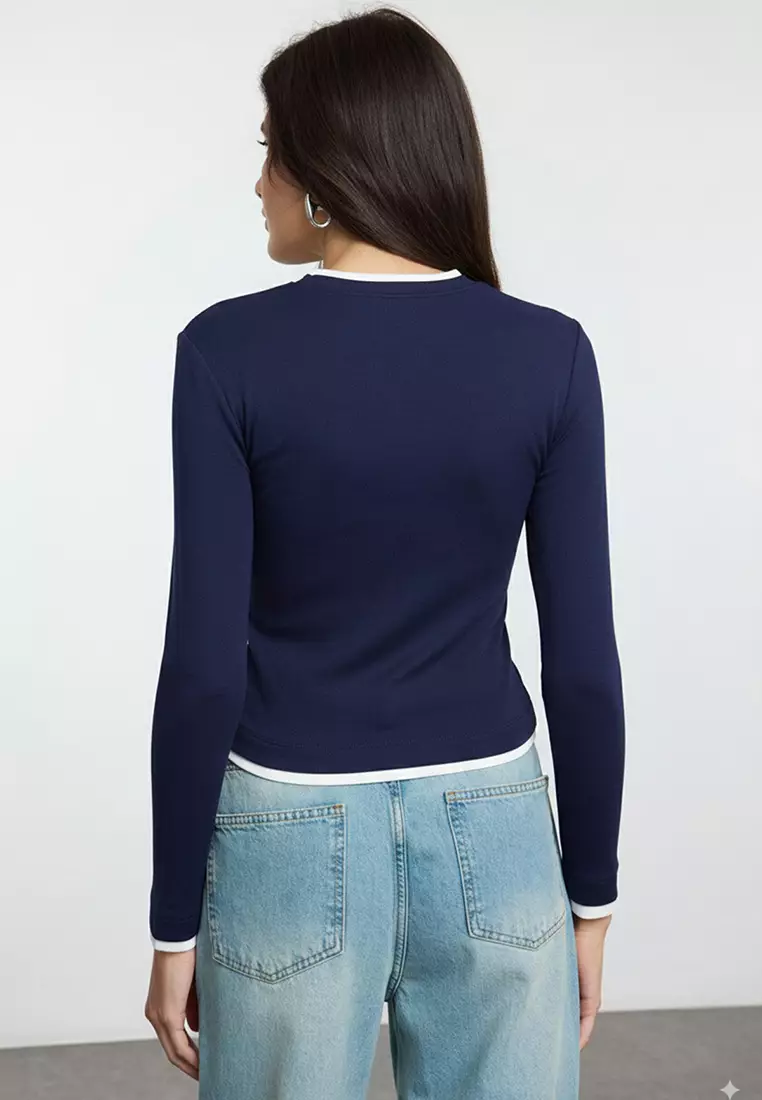 Navy Blue Color Block Fitted/Body-Smoothing Viscose/Soft Fabric Flexible Knitted Blouse Twoaw25Bz00114