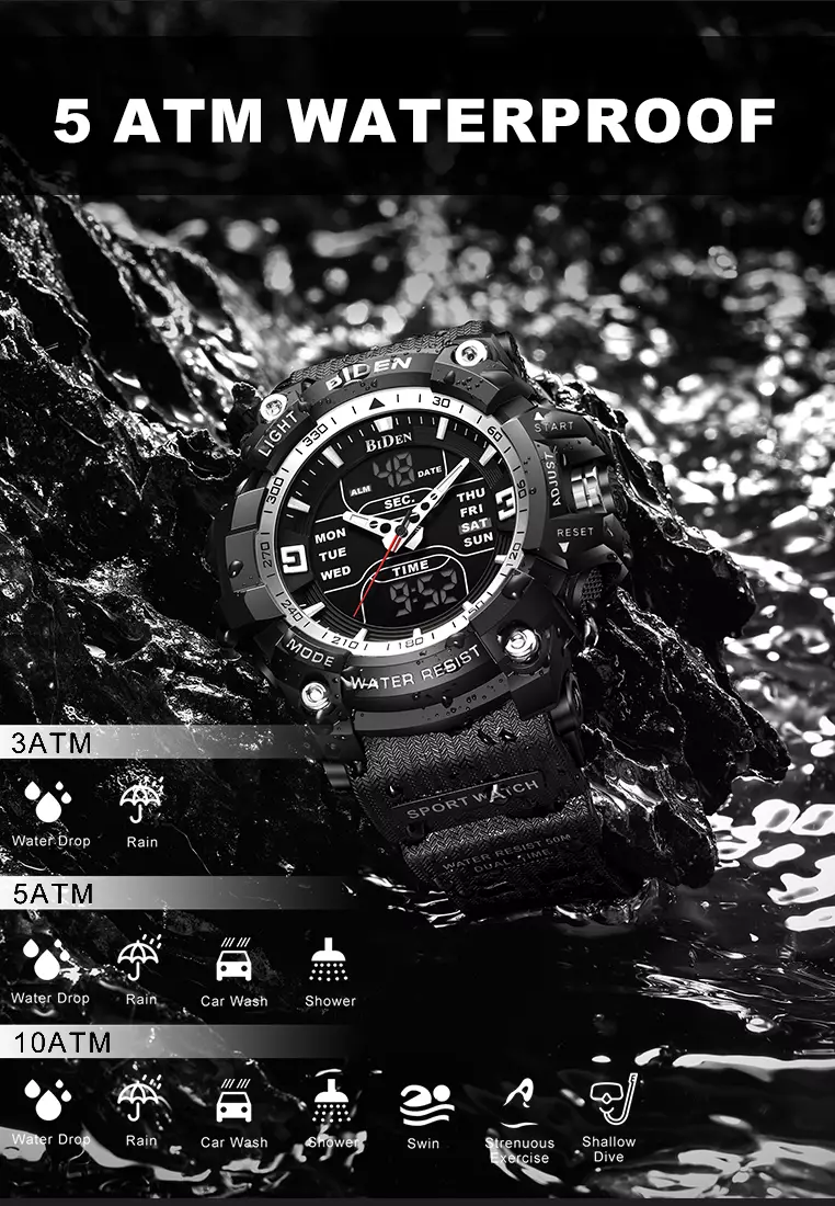 BIDEN Jam Tangan Pria Militer Tali Silikon Analog&Digital Display Jam Tangan Cowok BlackWhite